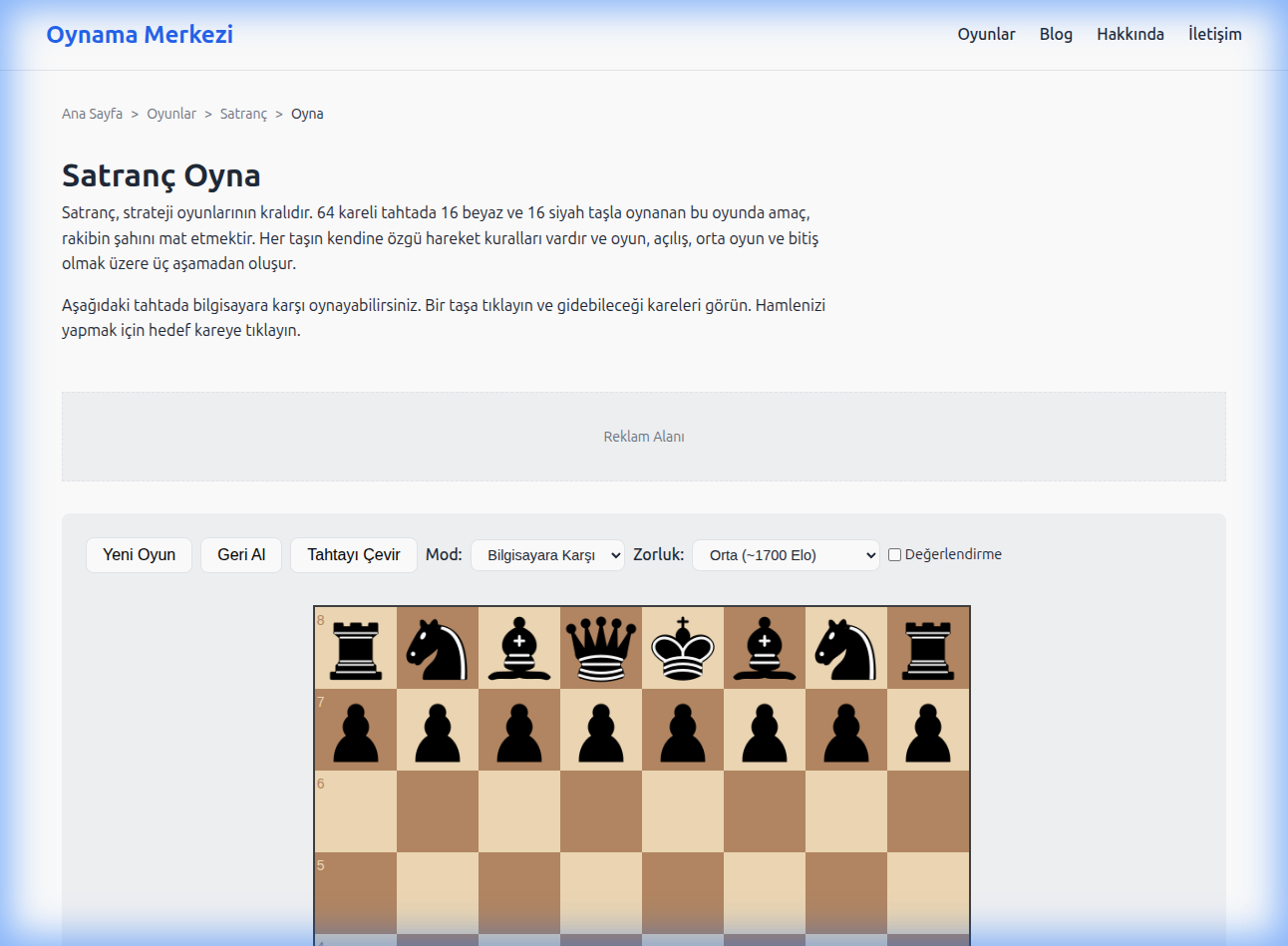 Oynama Merkezi Satranç Tahtası