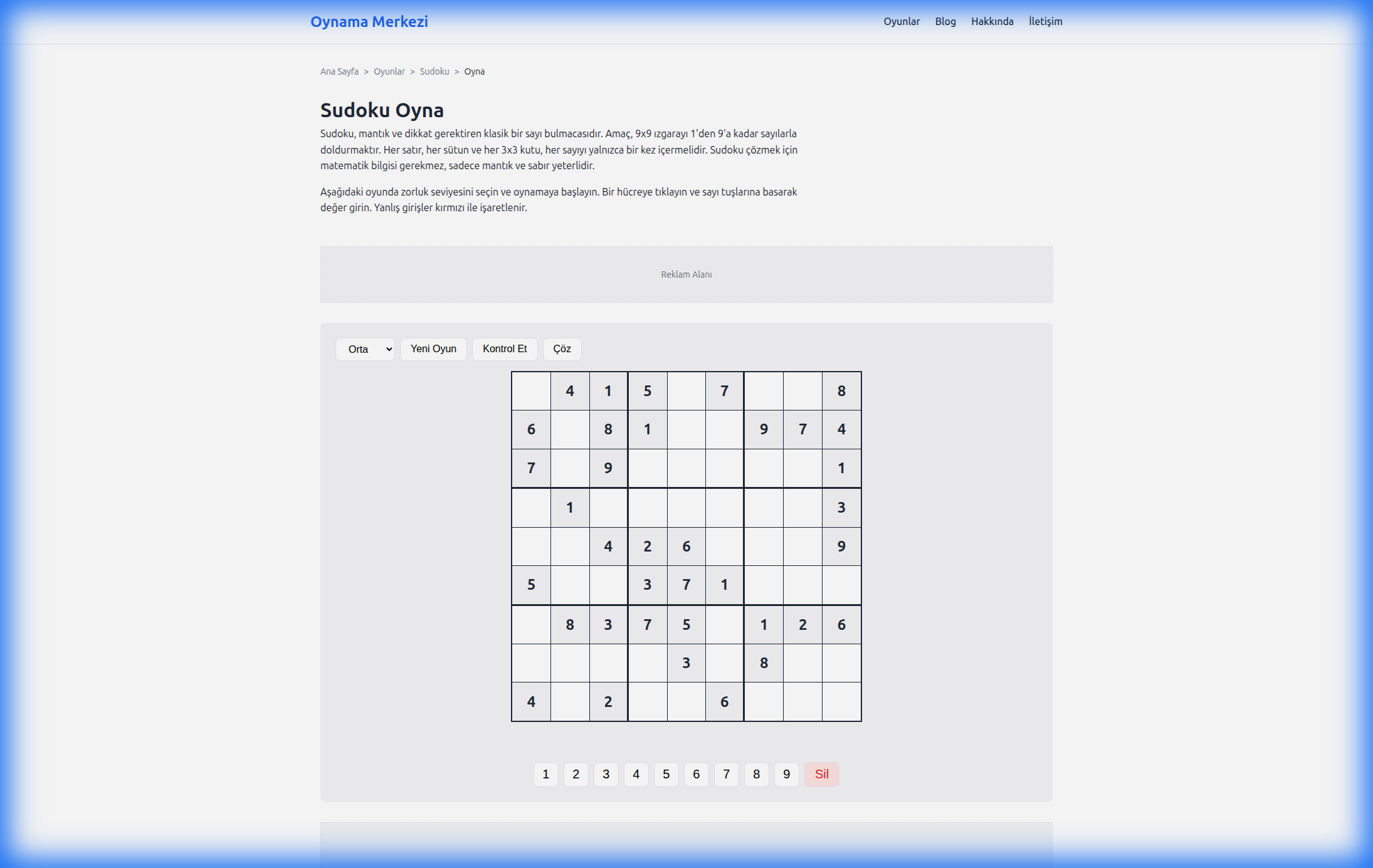 Oynama Merkezi Sudoku Arayüzü