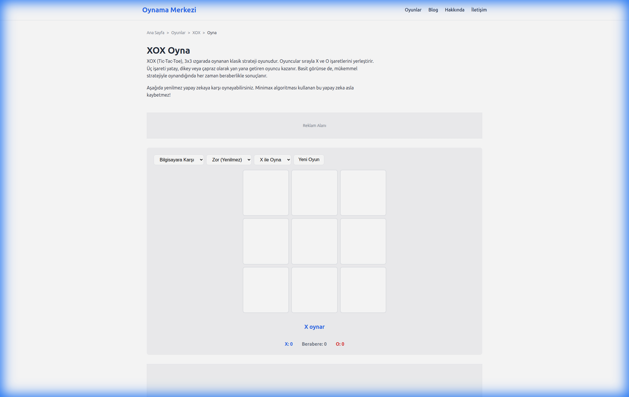 Oynama Merkezi XOX Oyunu